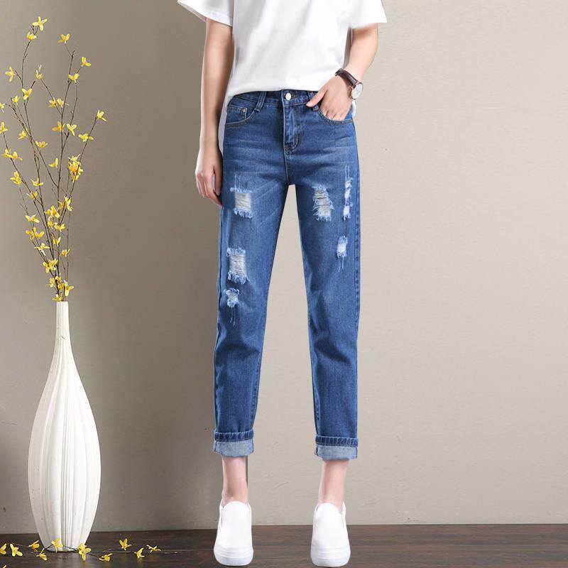 RIPPED JEANS WOMENS LOOSE CROPPED SPRING AND AUTUMN 2023 NEW SLIM HIGH-WAISTED STRAIGHT HARLAN DAD PANTS SMALL MAN