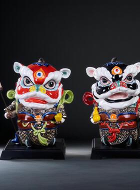 岭南国潮醒狮门神石湾陶瓷摆件