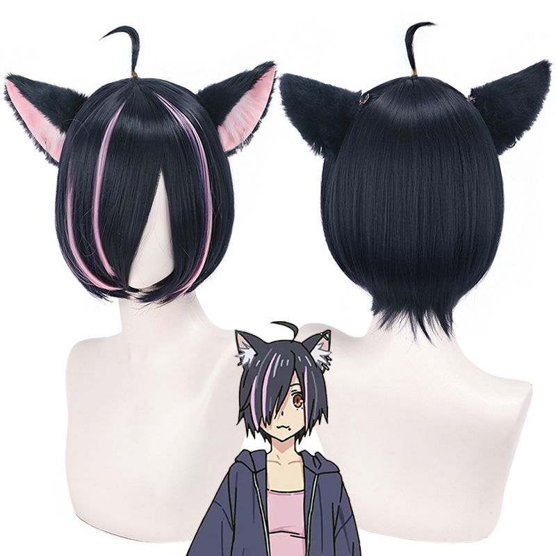 尼古喵喵 网瘾喵喵COSPLAY假发 黑粉色挑染短直发 ハメねこ假毛