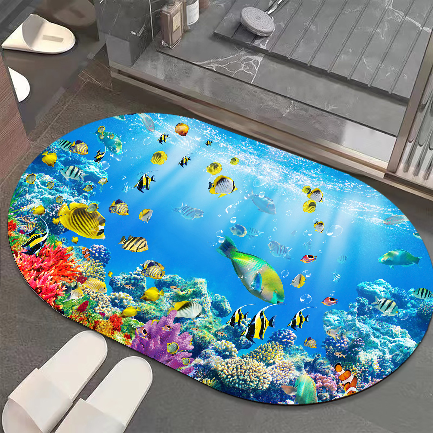 椭圆形软硅藻泥海底世界沙滩大海卫生间浴室门口吸水速干防滑地垫