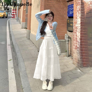 拉夏贝尔白色半身裙女春夏高腰a字裙蛋糕裙温柔蕾丝裙休闲长裙