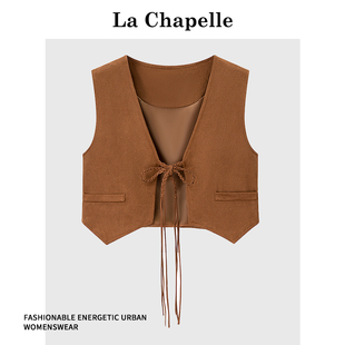 拉夏贝尔复古麂皮绒马甲女夏秋美拉德外搭短款 v领背心 叠穿开衫