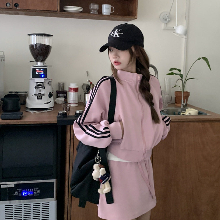 韩系休闲百搭套装女秋季2025新款撞色粉色卫衣外套半身短裙两件套