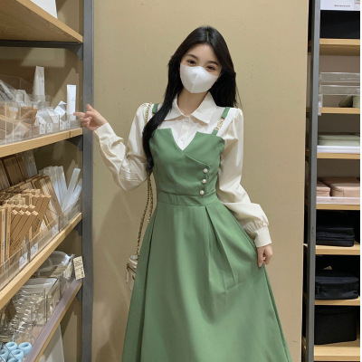 茶歇法式假两件背带连衣