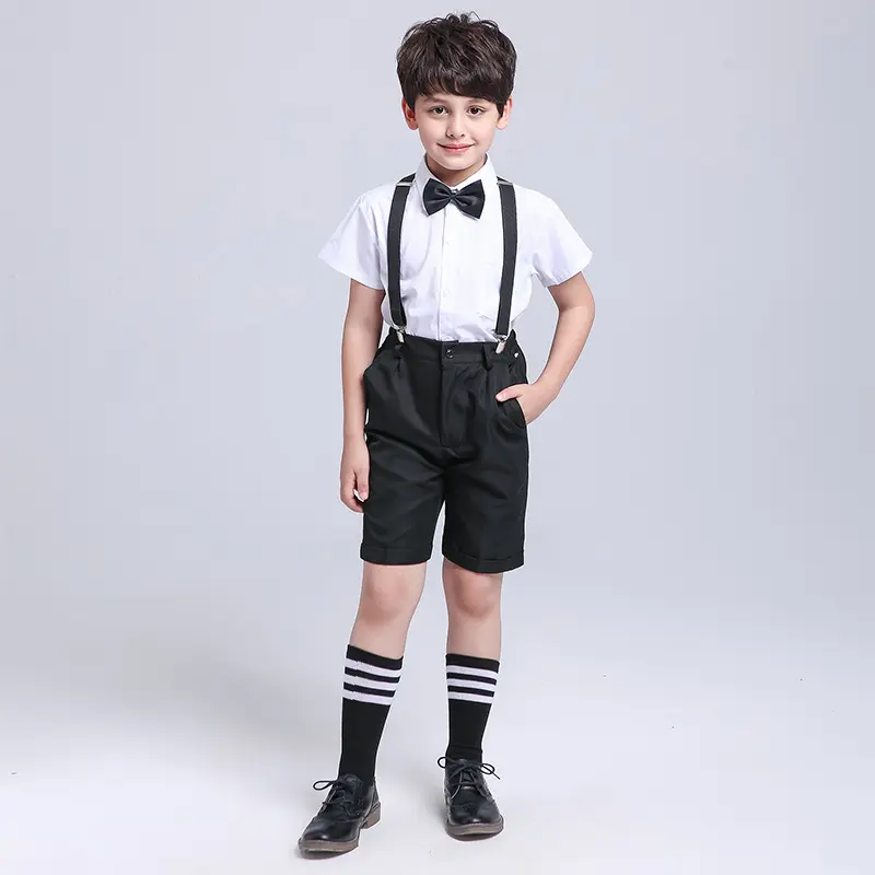 夏季新款儿童纯棉衬衫套装背带裤男童表演服合唱演出服花童礼服