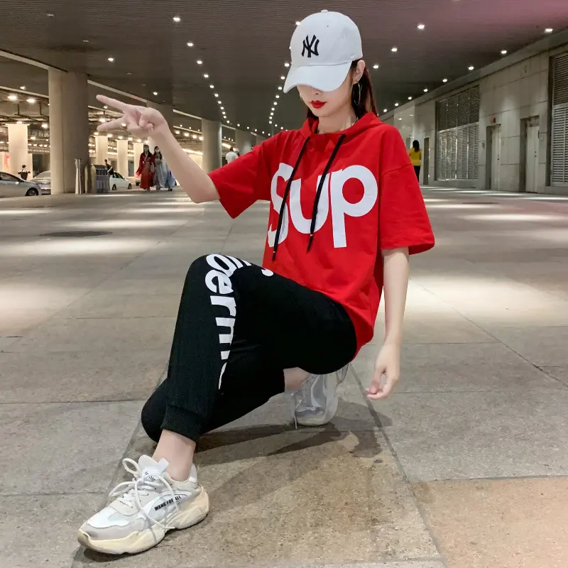 曳步舞运动装春秋款时尚纯棉红色