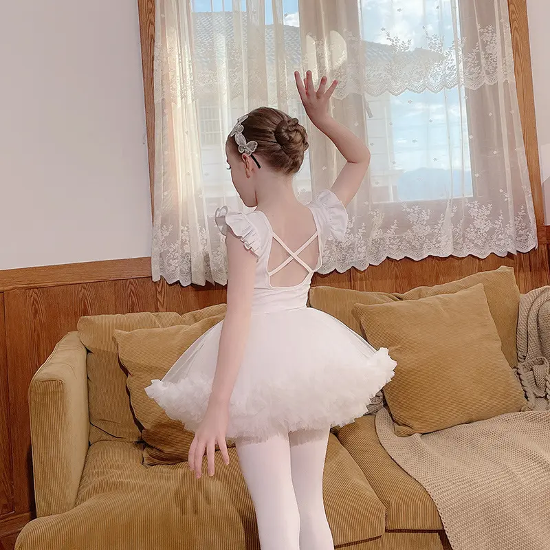 儿童舞蹈服夏季短袖女童练功服白色半身裙纱裙幼儿芭蕾舞裙中国舞
