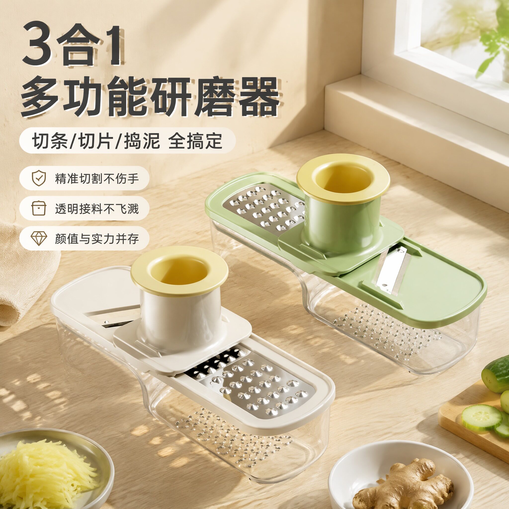 三合一多功能姜蒜研磨器迷你压蒜器多功能家用切丝切片蒜蓉神器
