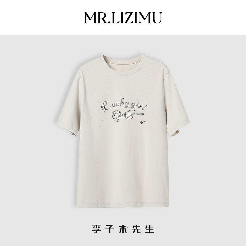李子木先生印花蝴蝶结短袖T恤新款2025女款爆款百搭短袖夏装D5220