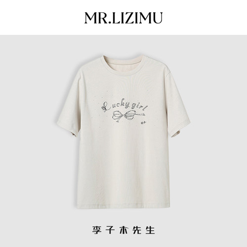 李子木先生印花蝴蝶结短袖T恤新款2025女款爆款百搭短袖夏装D5220