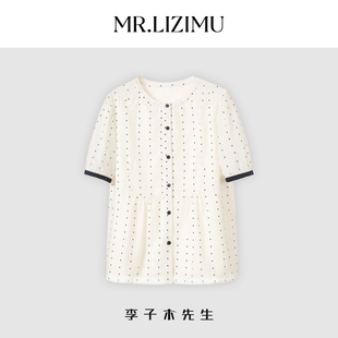 李子木夏季圆领波点短袖衬衫女新款减龄休闲宽松显瘦亚麻上衣小衫