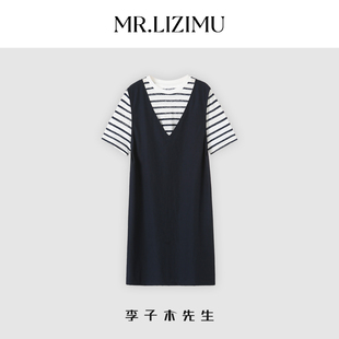 李子木新款短袖拼接连衣裙女夏宽松显瘦休闲减龄假两件直筒中长裙
