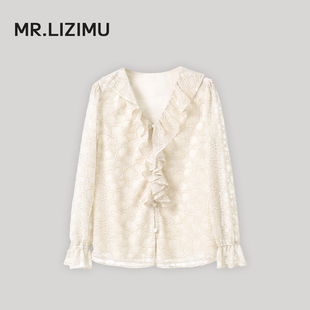 李子木先生法式浪漫风荷叶边V领蕾丝衬衫女长袖宽松百搭减龄上衣