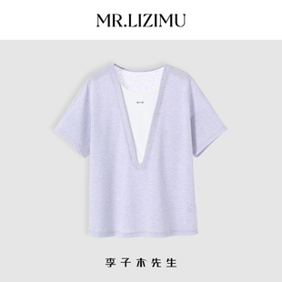 李子木2025春夏新款假两件百搭短袖T恤女宽松慵懒风休闲时尚上衣