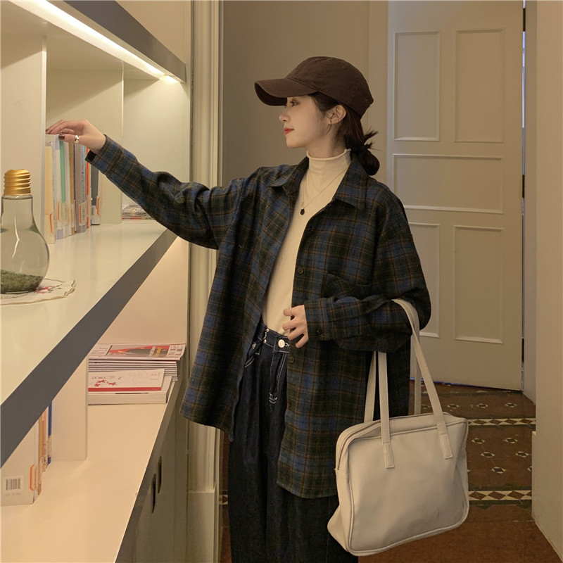 Real shot real price Korean loose and versatile cardigan, retro Plaid long sleeve shirt + solid color high collar bottoming shirt