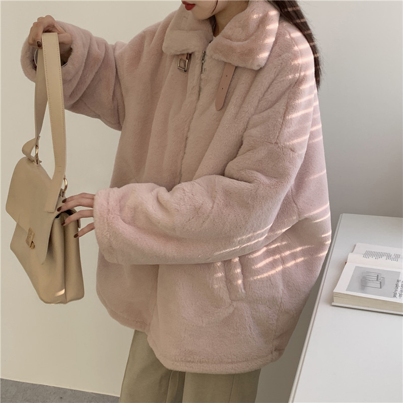 Real price Korean version of autumn and winter loose collar zipper cardigan thickened Plush warm Plush coat