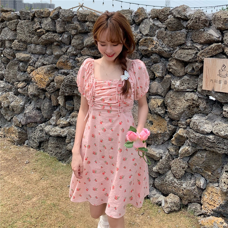 Real Price vintage square collar Pink Floral square collar cordage pleated bubble sleeve dress