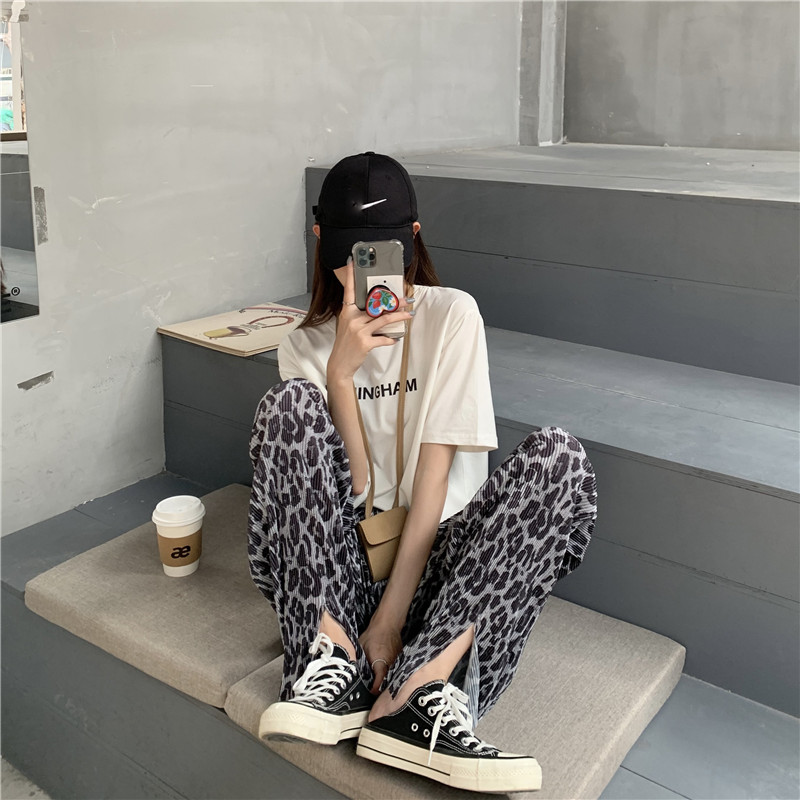 Real shot real price versatile casual straight leg pant with loose ink splashing leopard print split leg