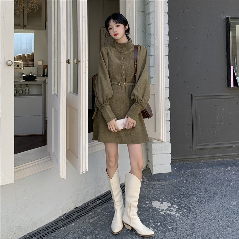 Real shot real price Korean retro waist waistband showing thin Lantern Sleeve breasted corduroy shirt dress