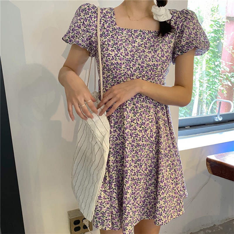 Real price French square neck bubble sleeve temperament Platycodon flower dress