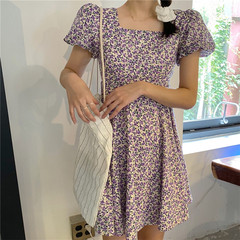 Real price French square neck bubble sleeve temperament Platycodon flower dress
