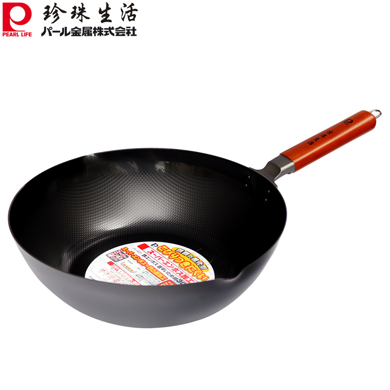 日本进口珍珠生活H-401炒锅 30cm无涂层深型铁锅 家用炒菜锅加厚