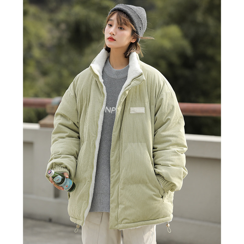 双面穿羊羔毛棉服女冬季灯芯绒棉衣加绒加厚羊羔绒羽绒棉袄外套潮