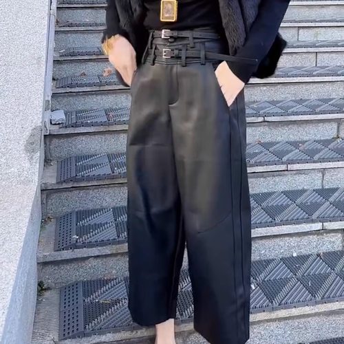 加绒百搭欧货蛋白皮拖地裤小众