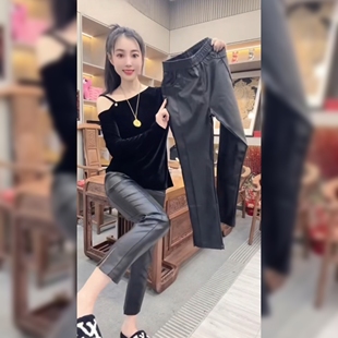 欧货涂层皮尤直筒裤秋冬新薄绒涂层皮侧开叉小脚铅笔裤百搭PU皮裤