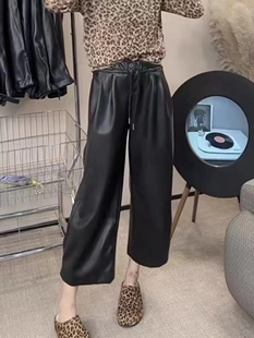 高端休闲蛋白皮裤女秋冬新通勤百搭阔腿9分裤高腰柔软皮尤直筒裤