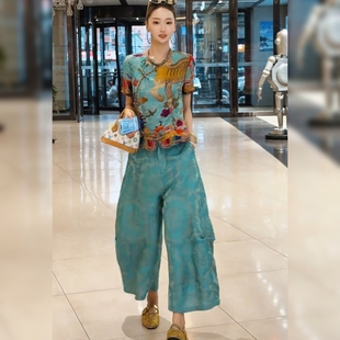 新中式国潮衬衫阔腿灯笼裤两件套女夏缎面提花盘扣上衣阔腿裤套装
