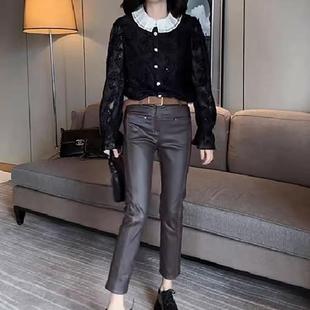 欧货压线涂层直筒裤女冬新气质高腰弹力九分小脚裤皮尤皮打底裤