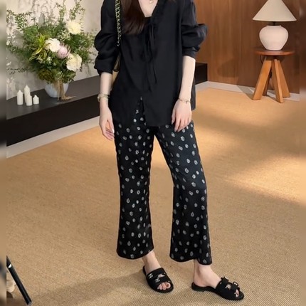 黑色醋酸皱皱花朵直筒裤女夏薄弹力显瘦九分裤休闲百搭点阔腿裤