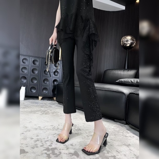 职业通勤重工烫钻直筒休闲裤女夏薄高腰弹力面膜裤黑色西裤微喇叭