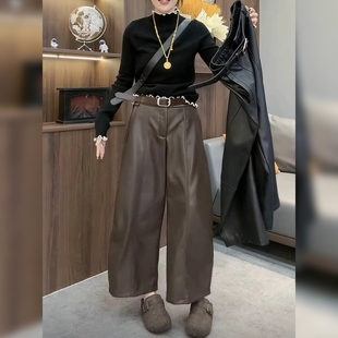 欧货高级感蛋白皮尤阔腿裤女秋洋气百搭气质柔软PU皮烟筒裤九分裤