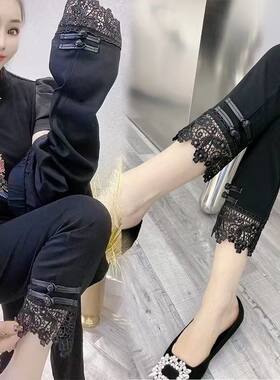 高腰弹力百搭时尚八分拼蕾丝