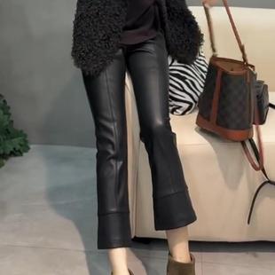 欧货蛋白皮直筒裤女秋冬新高腰弹力九分皮尤皮烟筒裤显瘦气质高端