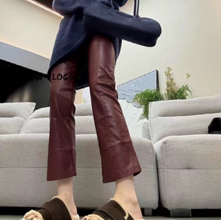 欧洲站蛋白皮皮直筒裤女2024秋季新款皮尤拼接喇叭裤高级感皮U裤