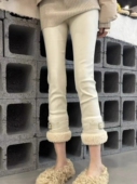 欧货米白色涂层直筒裤 女冬高腰弹力九分羊羔毛拼接哑光皮尤铅笔裤