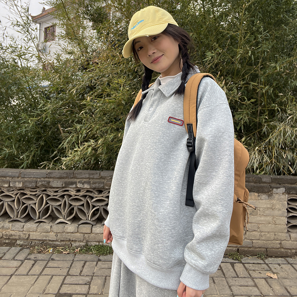 大牌平替情侣简约休闲外套polo领卫衣女春秋美式长袖翻领百搭上衣