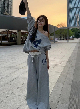 JMJ2025美式复古字母斜肩卫衣套装秋女宽松休闲直筒阔腿拖地长裤