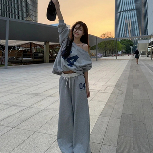 秋女宽松休闲直筒阔腿拖地长裤 JMJ2025美式 复古字母斜肩卫衣套装