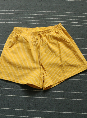 大码胖mm美式复古黄色条纹短裤女夏季高腰宽松百搭运动休闲阔腿裤
