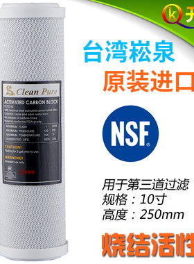 台湾进口崧泉10寸cto碳棒烧结块状碳滤芯 NSF 椰壳炭高效能吸附