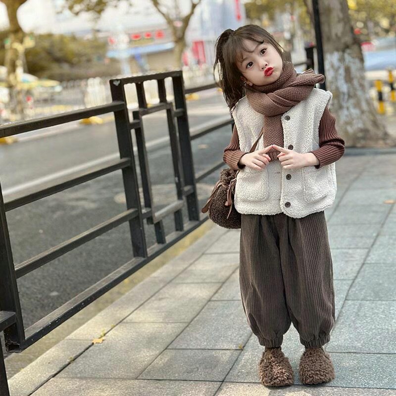 女童加绒裤子秋冬款保暖裤森系新款灯芯绒儿童冬装韩系阔腿休闲裤