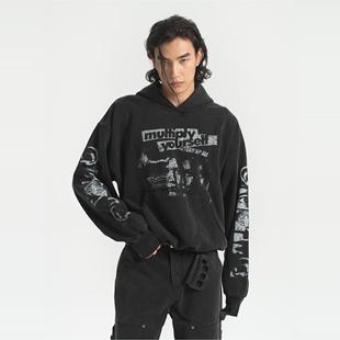 PURE2 WASHED PRINTED HOODIE 水洗做旧短宽印花连帽卫衣