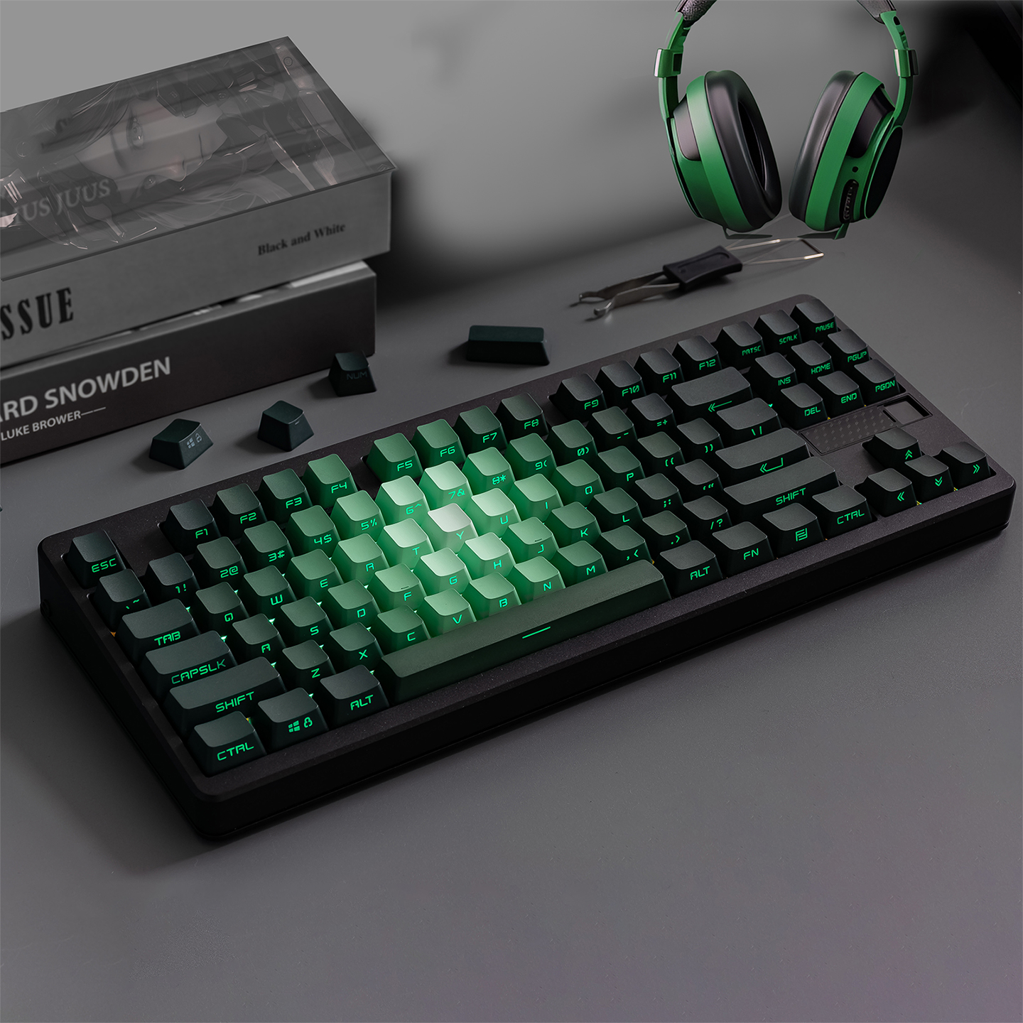 绿蔷薇侧刻透光键帽PBT材质OEM高度小全套渐变热升华机械键盘87键