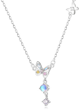 s999足银月光石彩钻蝴蝶项链女