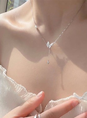 s925纯银闪钻蝴蝶珍珠流苏项链女