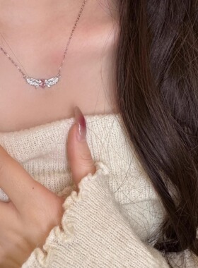 s925纯银天使之翼爱心锁骨链粉钻